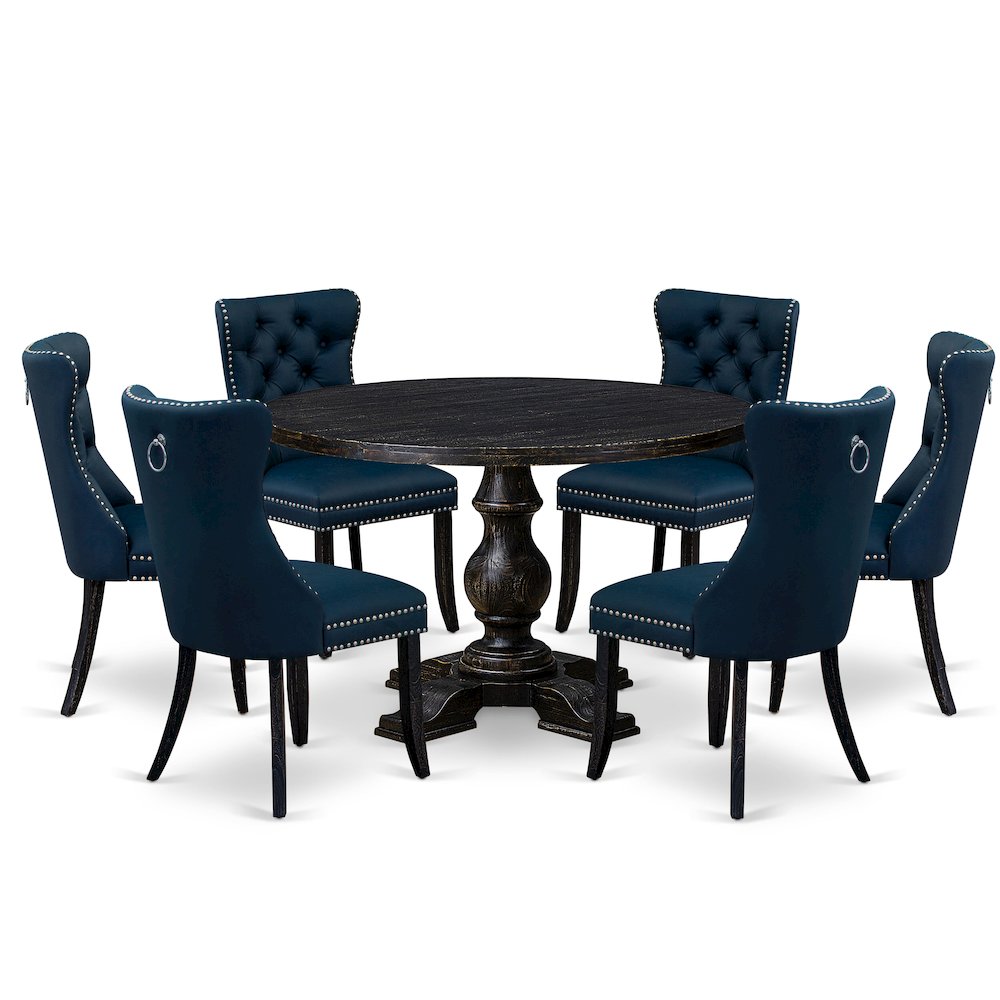 7 Piece Dining Table Set Contains 48" Round Table In Navy Blue Color. Picture 1