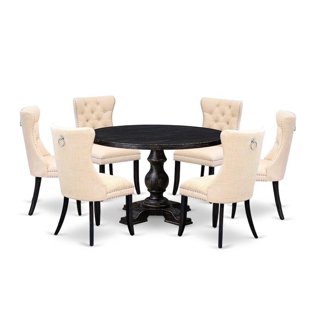 7-Piece Dinette A Modern Table And 6 Light Beige Linen Fabric Dining Chair. Picture 1
