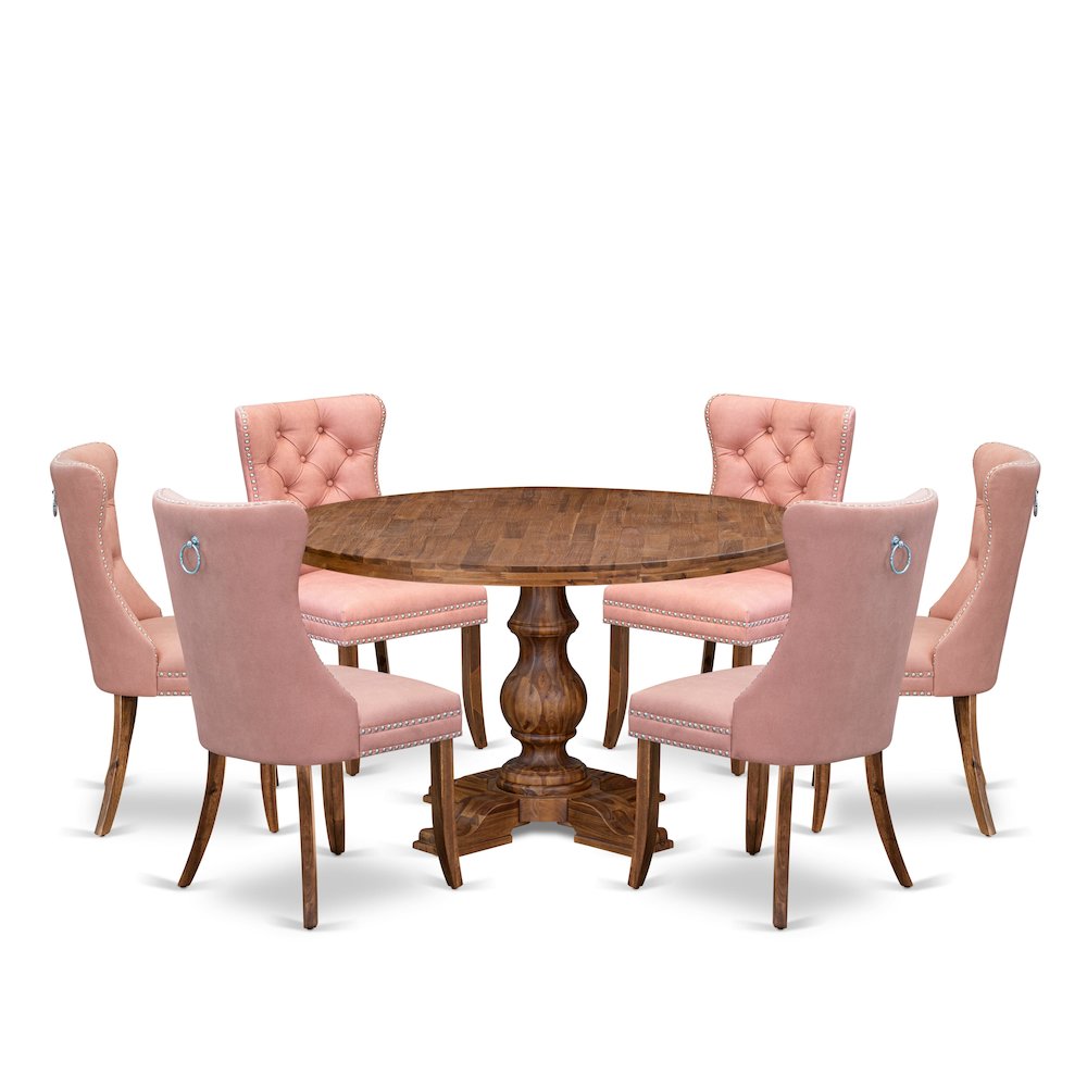 7-Pc Dinner Table Set Include A Dining Table And 6 Beige Red Upholstered Chairs. Picture 1