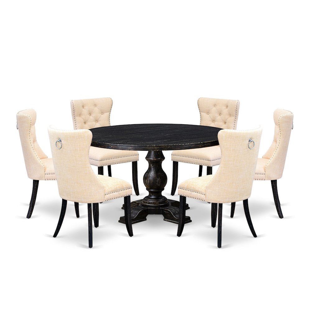 7-Piece Kitchen A Dining Table And 6 Light Beige Linen Fabric Dinner Chairs. Picture 1