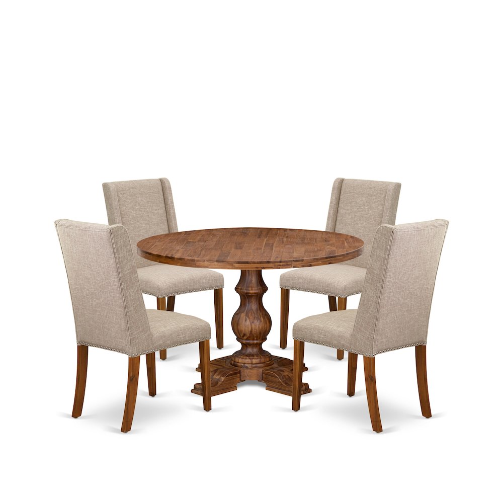 5-Piece Dining Room Set A Dining Table, 4 Light Tan Fabric Upholstered Chairs. Picture 1