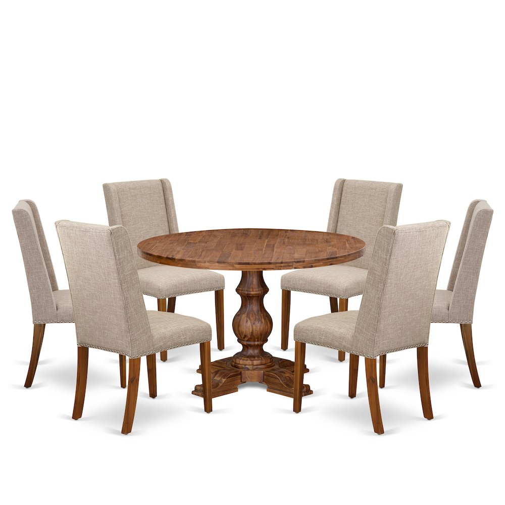 7-Piece Dining Table A Wooden Table And 6 Light Tan Linen Fabric Dining Chair. Picture 1