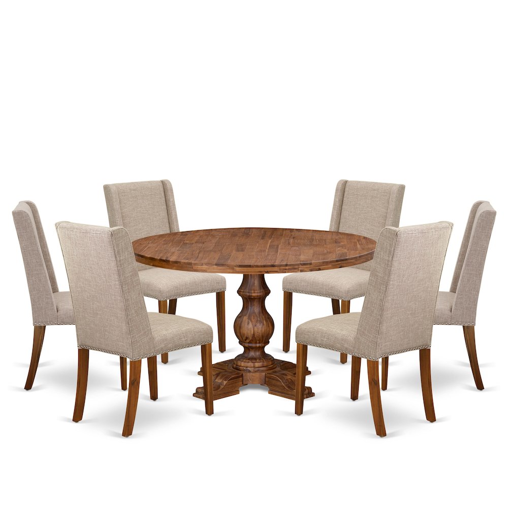 7-Piece Modern Dining A Dinning Table And 6 Light Tan Linen Fabric Modern Chairs. Picture 1