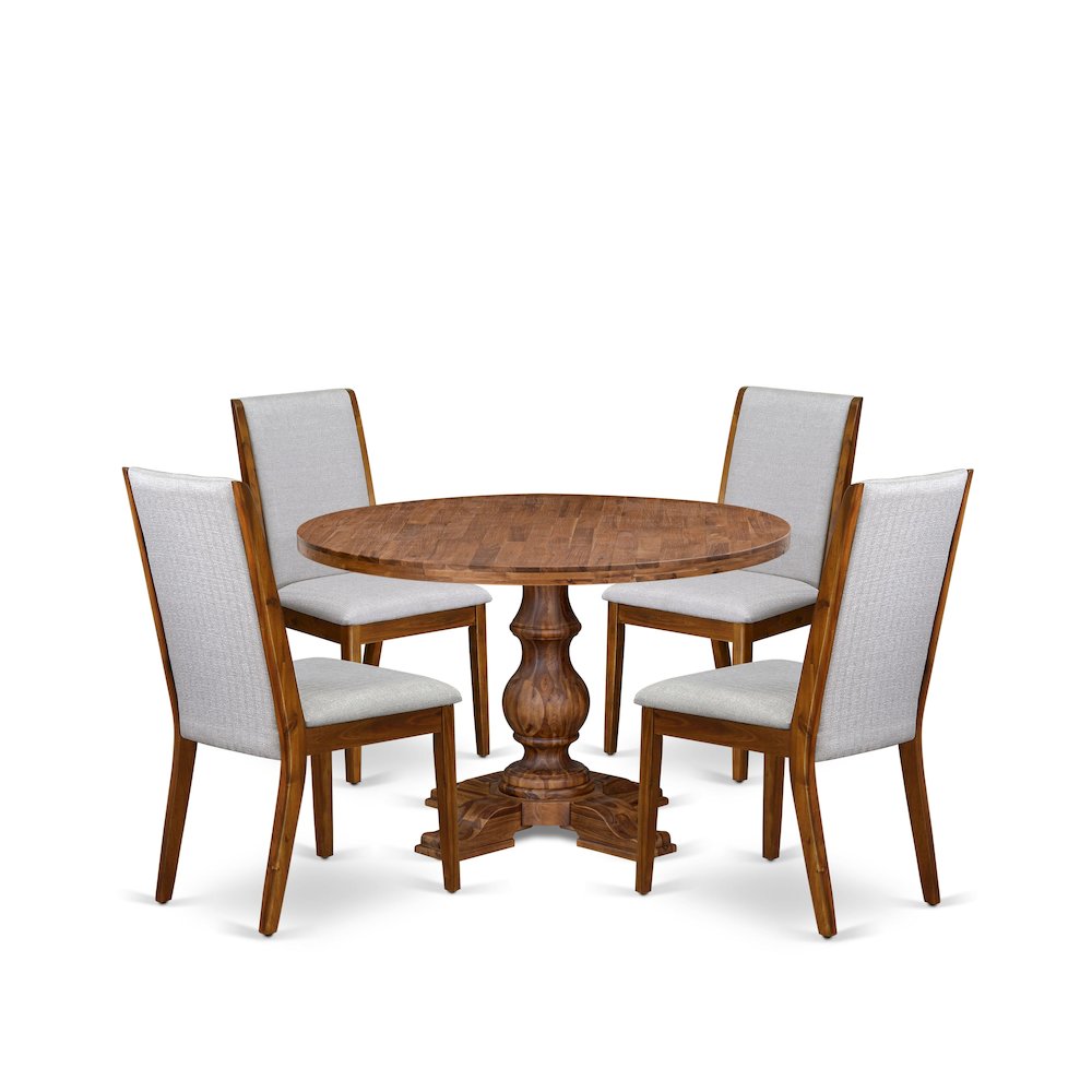 5-Pc Kitchen Table Set A Pedestal Wooden Table, 4 Grey Fabric Dining Chairs. Picture 1
