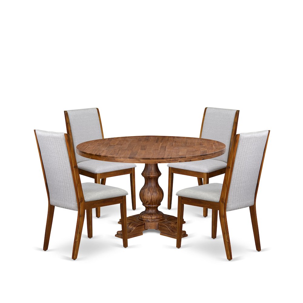 5-Pc Dining Table Set A Pedestal Dinner Table, 4 Grey Linen Fabric Parson Chairs. Picture 1