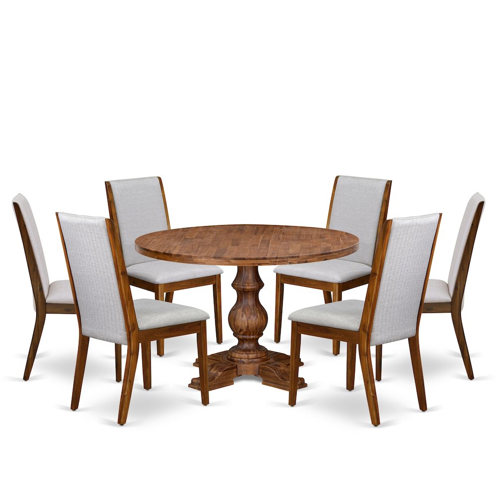 7-Pc Modern Dining Set Of A Pedestal Dining Table, 6 Grey Fabric Parson Chairs. Picture 1