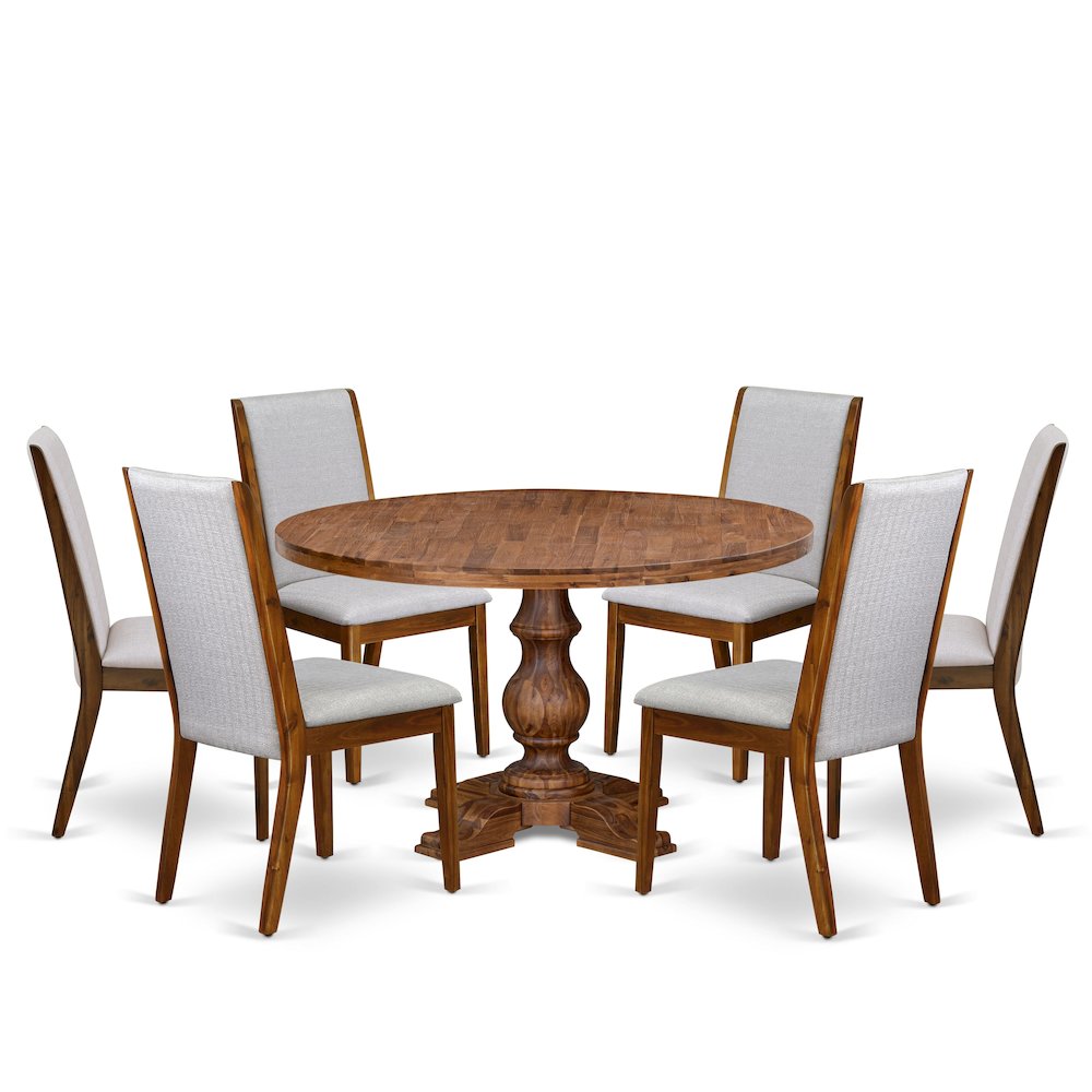 7-Pc Kitchen Table Set Of A Pedestal Kitchen Table, 6 Grey Fabric Dining Chairs. Picture 1