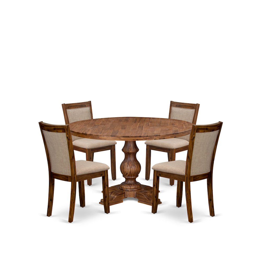 5-Pc Mid-Century Kitchen Set A Pedestal Table, 4 Light Tan Fabric Kitchen Chairs. Picture 1