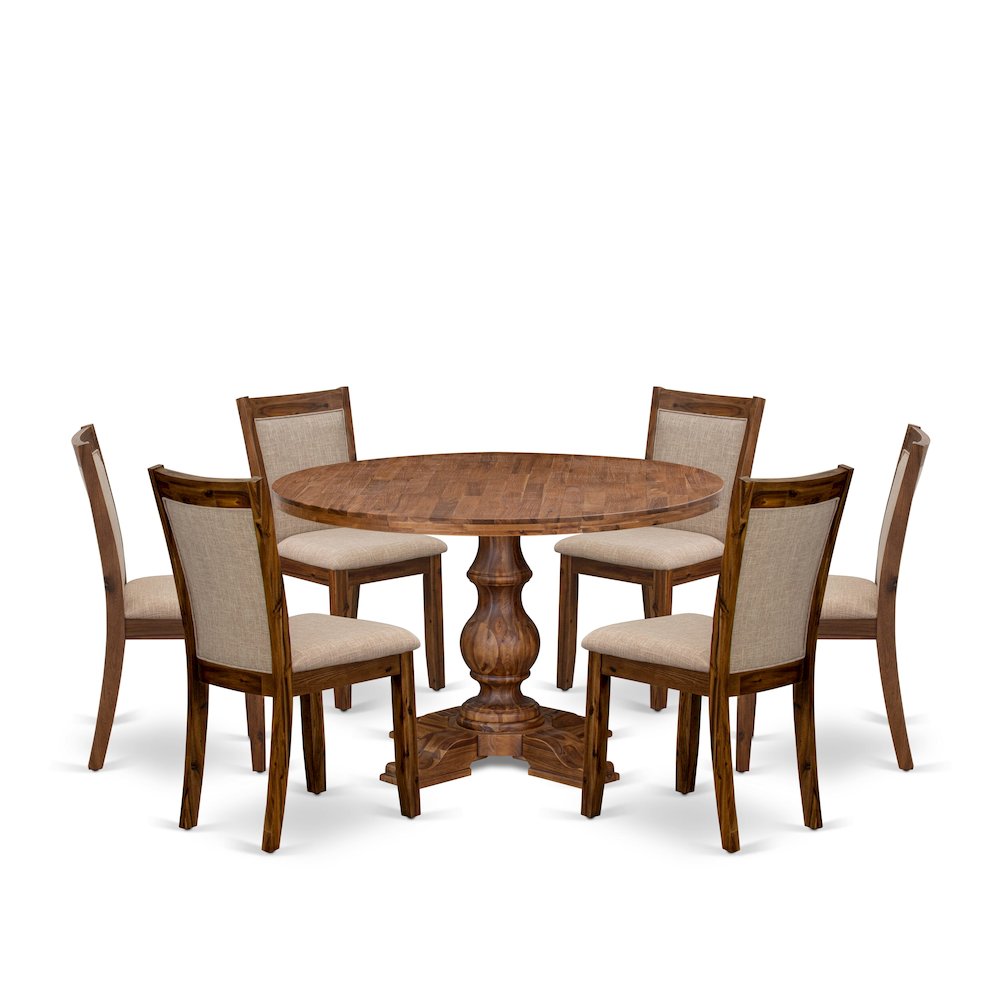7-Pc Mid-Century Dining Set Of A Pedestal Table, 6 Light Tan Kitchen Chairs. Picture 1