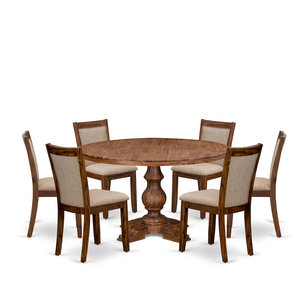 7-Pc Modern Dining Set Of A Pedestal Dinner Table, 6 Light Tan Dinner Chairs. Picture 1