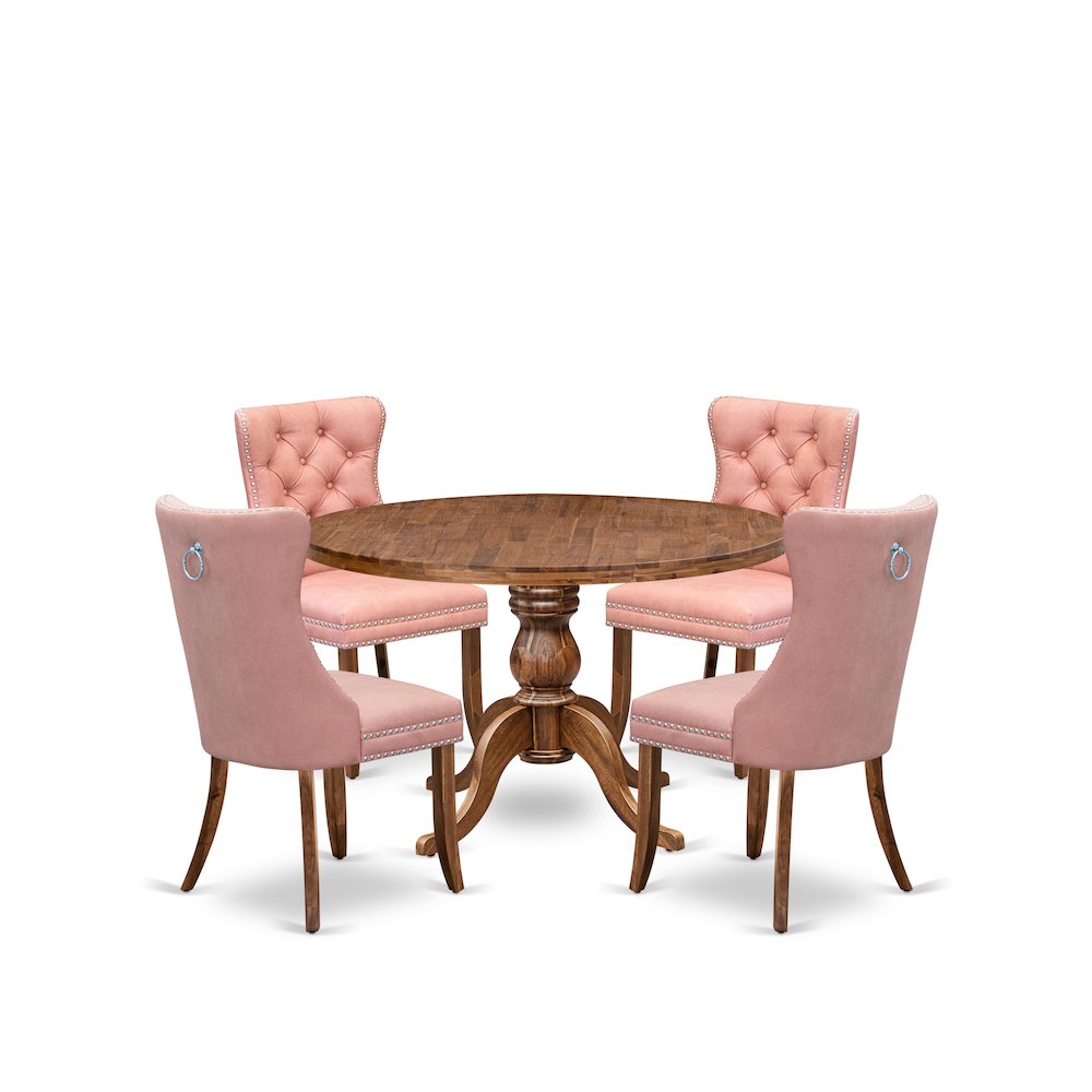 5-Pc Mid Century Dining Set Consist A Wood Table And 4 Beige Red Padded Chairs. Picture 1