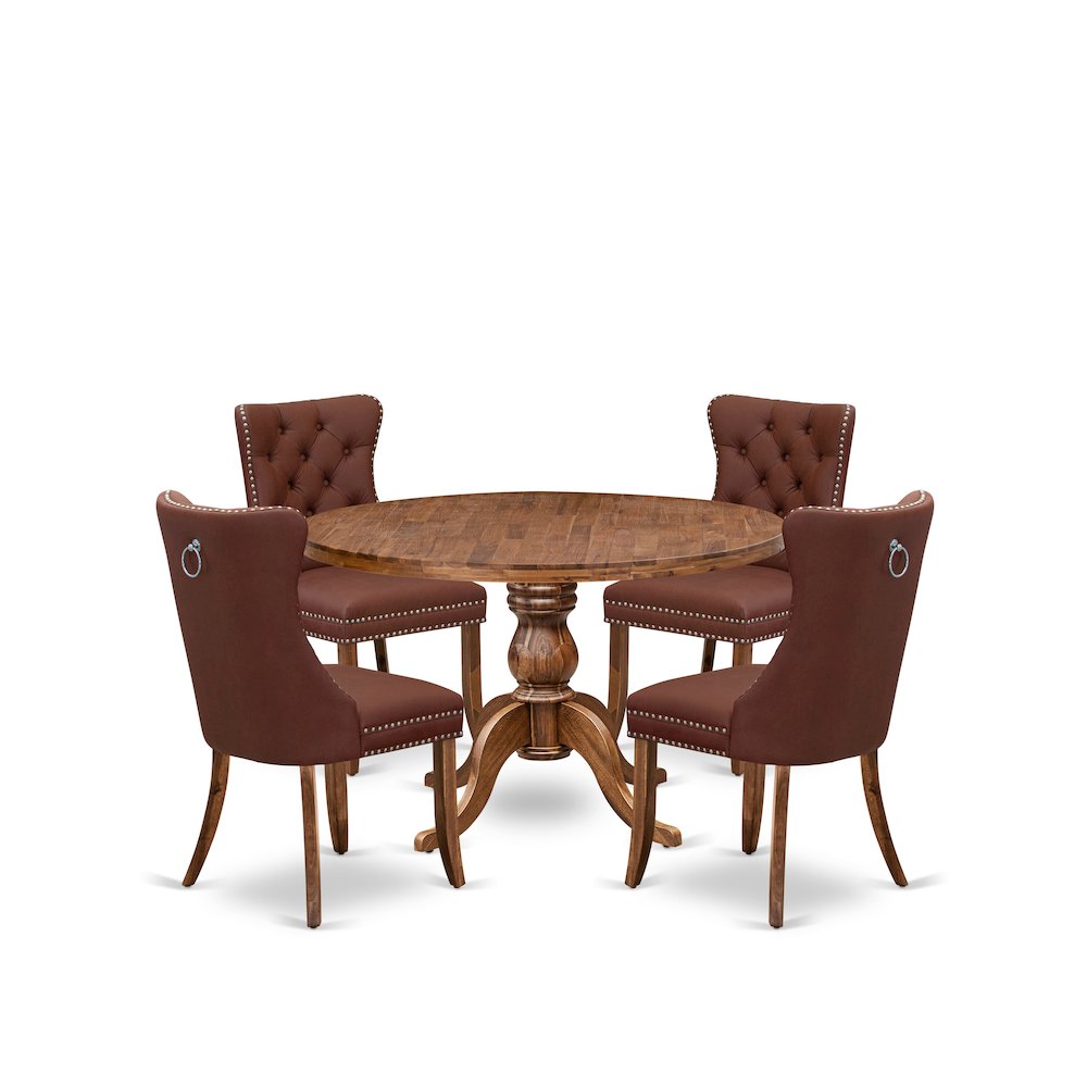 5-Pc Mid Century Table Set Consist A Wood Dining Table And 4 Burgundy Chairs. Picture 1