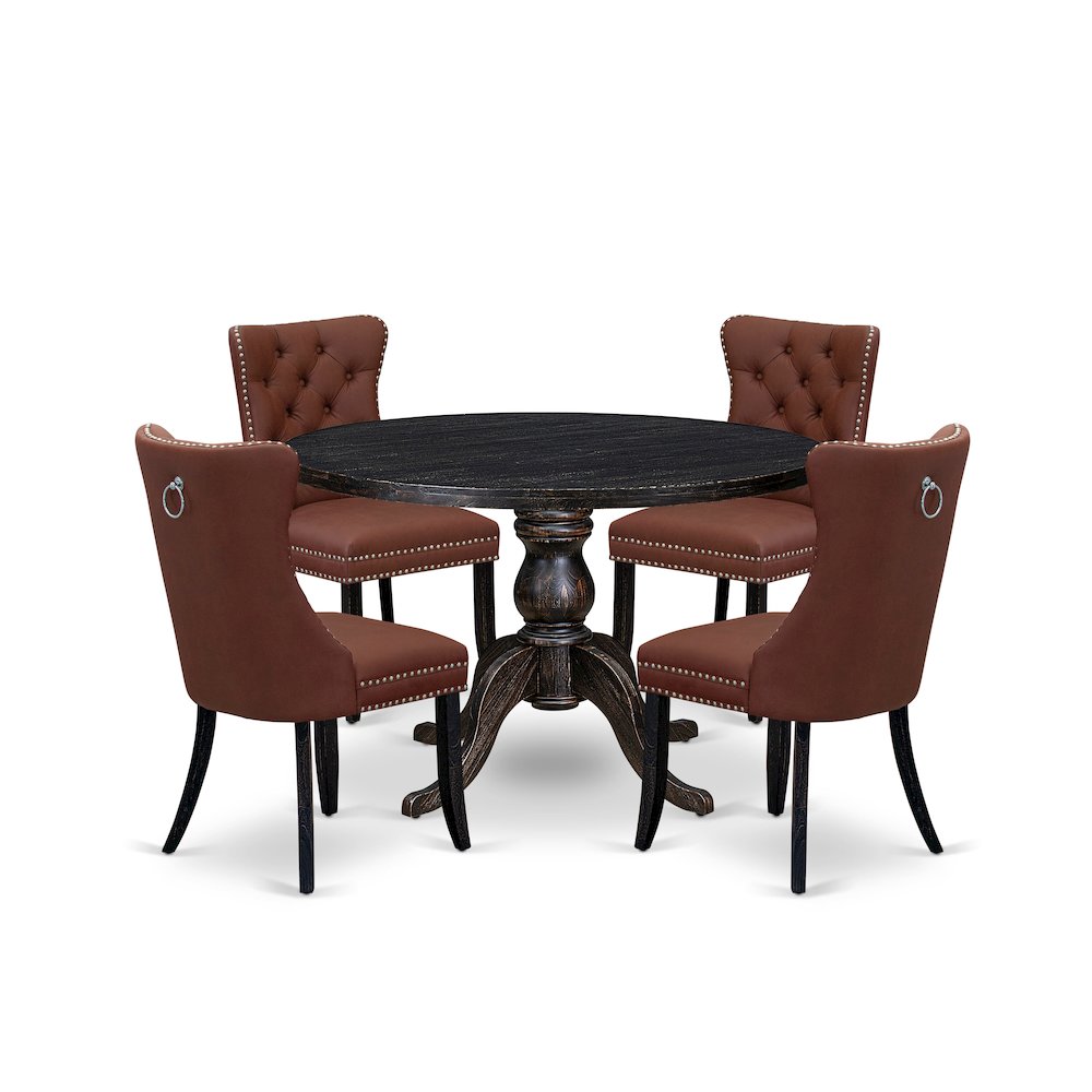5 Piece Dining Table Set Includes 48" Round Table In Burgandy Color. Picture 1