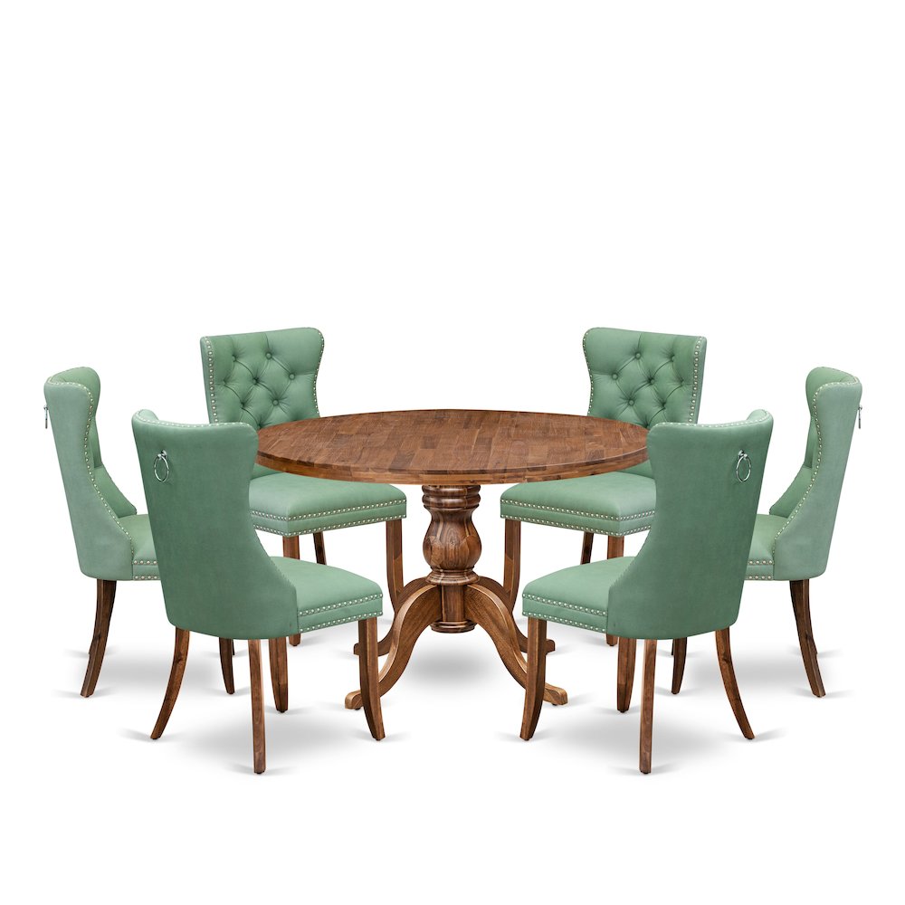 7-Pc Dining Set Contain A Mid Century Table, 6 Willow Green Upholstered Chairs. Picture 1