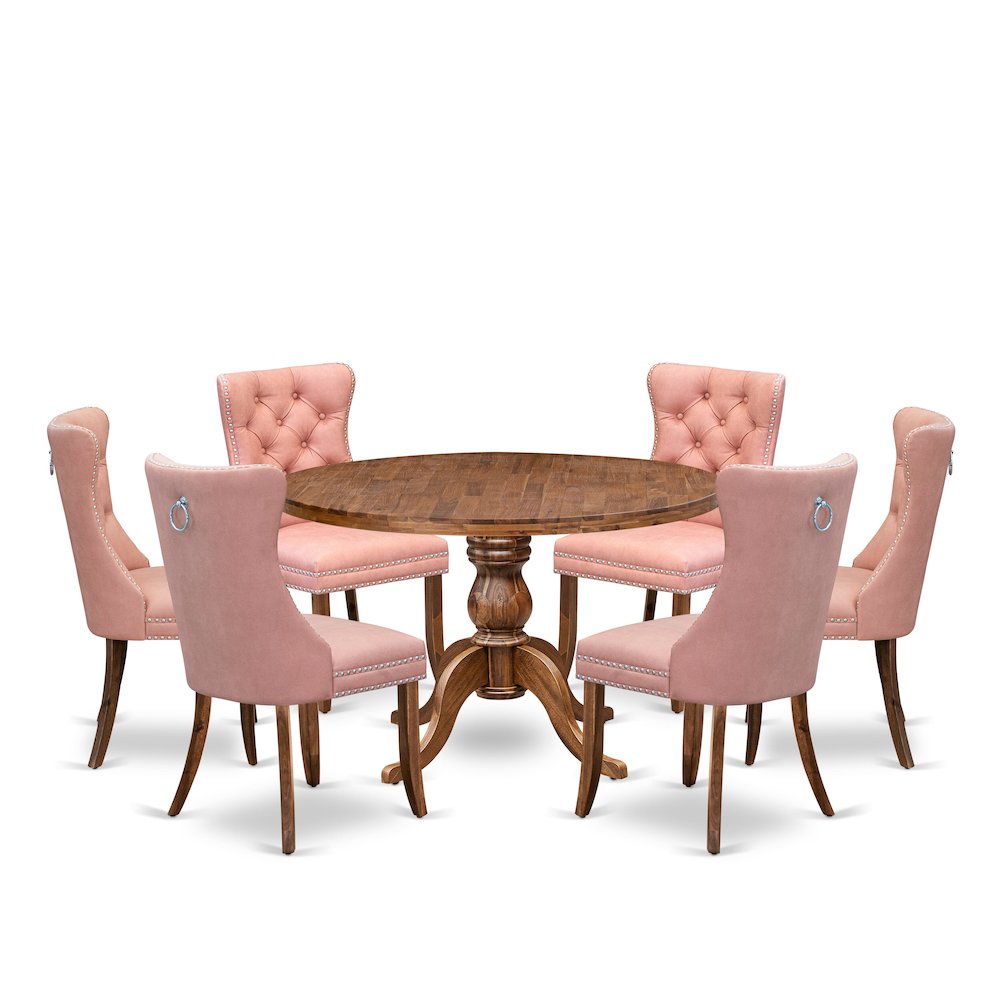 7-Pc Mid Century Dining Set Contain A Table And 6 Beige Red Upholstered Chairs. Picture 1