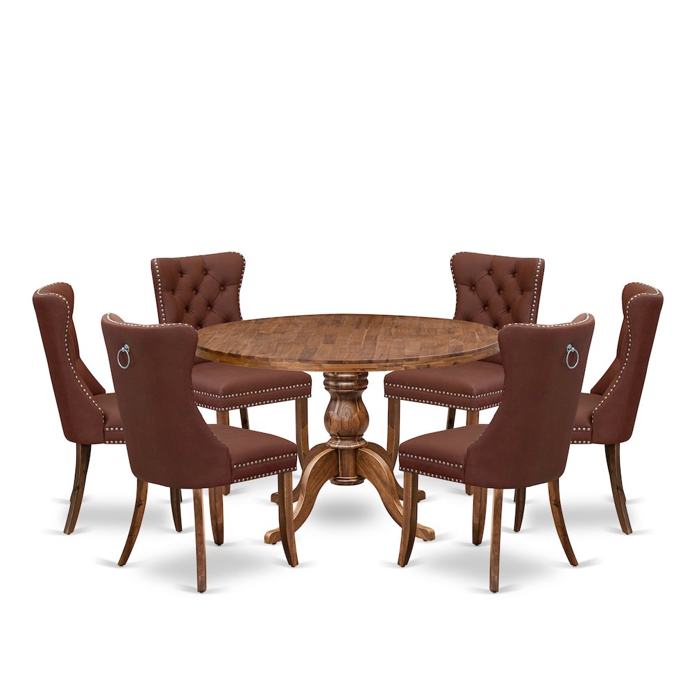 7-Pc Dinner Table Set Contain A Mid Century Dining Table And 6 Burgundy Chairs. Picture 1