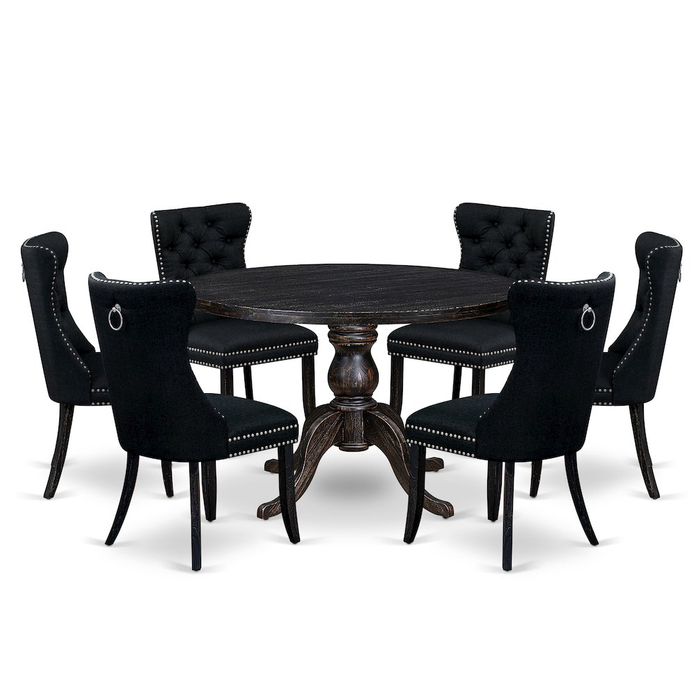 7-Piece Dining A Dinning Table And 6 Black Linen Fabric Dining Chair. Picture 1