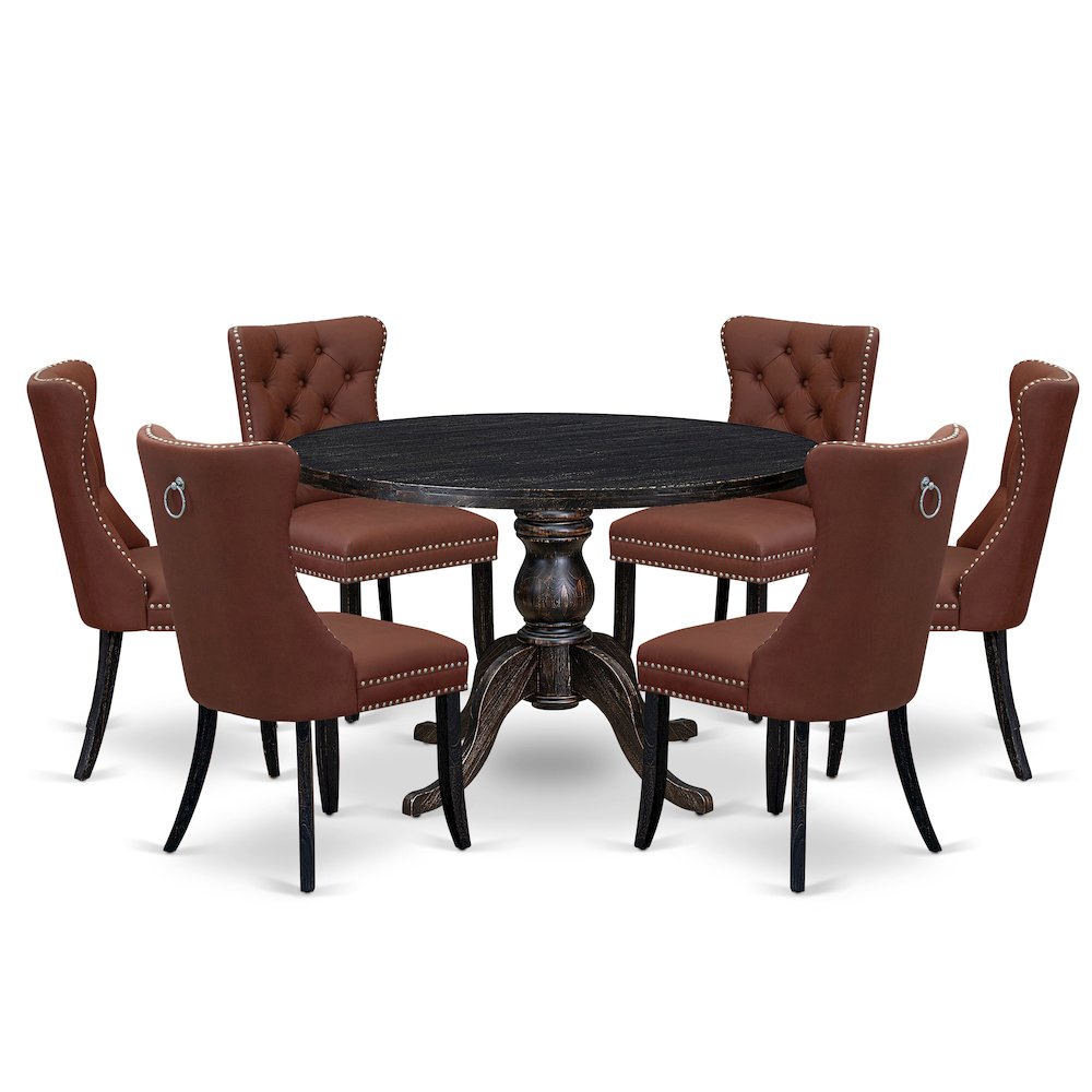 7 Piece Dining Table Set Consists Of 48" Round Table In Burgandy Color. Picture 1