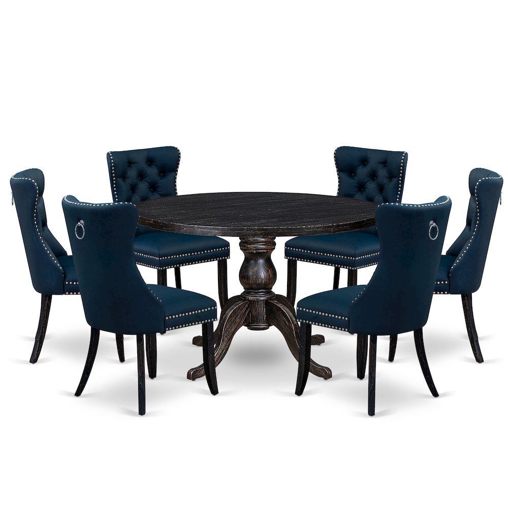 7 Piece Dining Table Set Consists Of 48" Round Table In Navy Blue Color. Picture 1