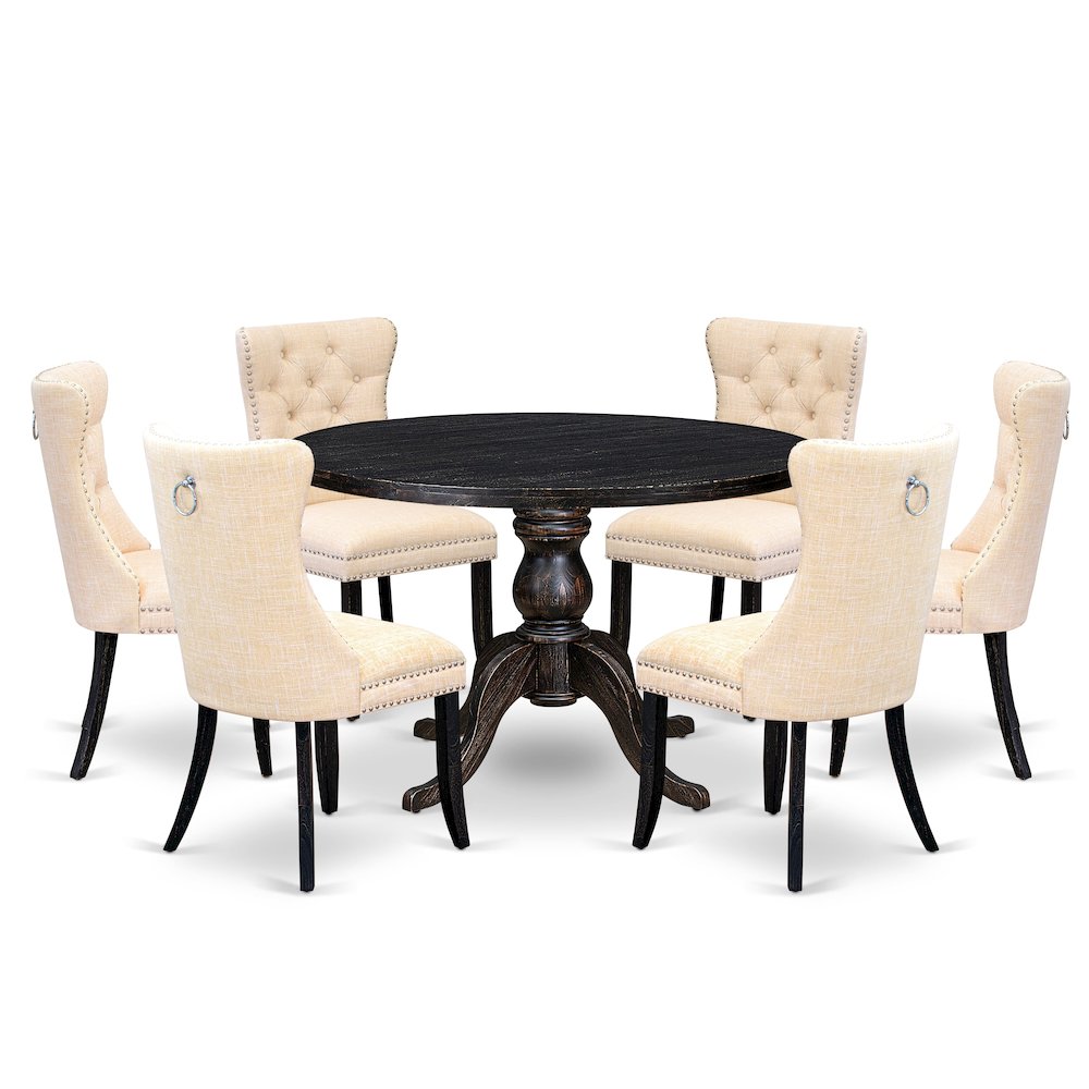 7-Pc Dining Set A Wood Table, 6 Light Beige Linen Fabric Upholstered Chairs. Picture 1