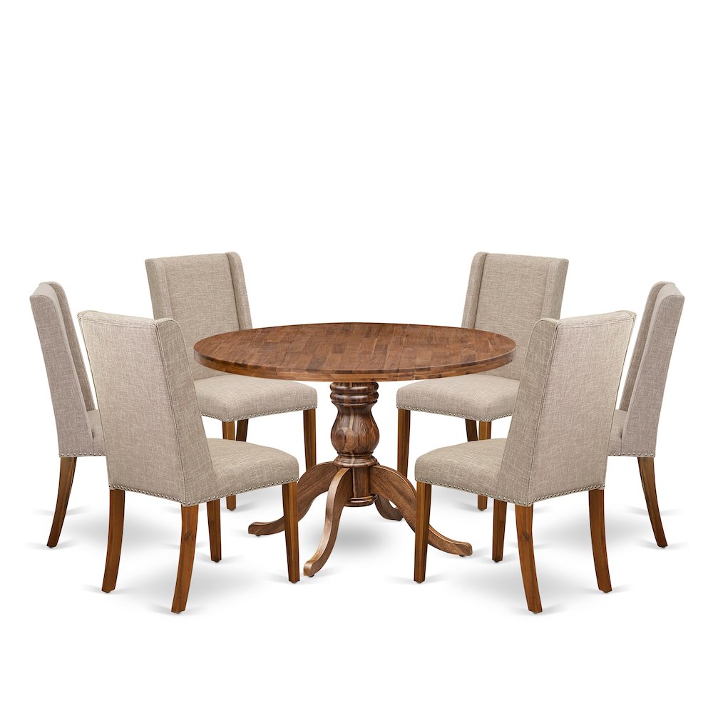 7-Piece Dining Table Set A Kitchen Table, 6 Light Tan Fabric Dining Room Chairs. Picture 1