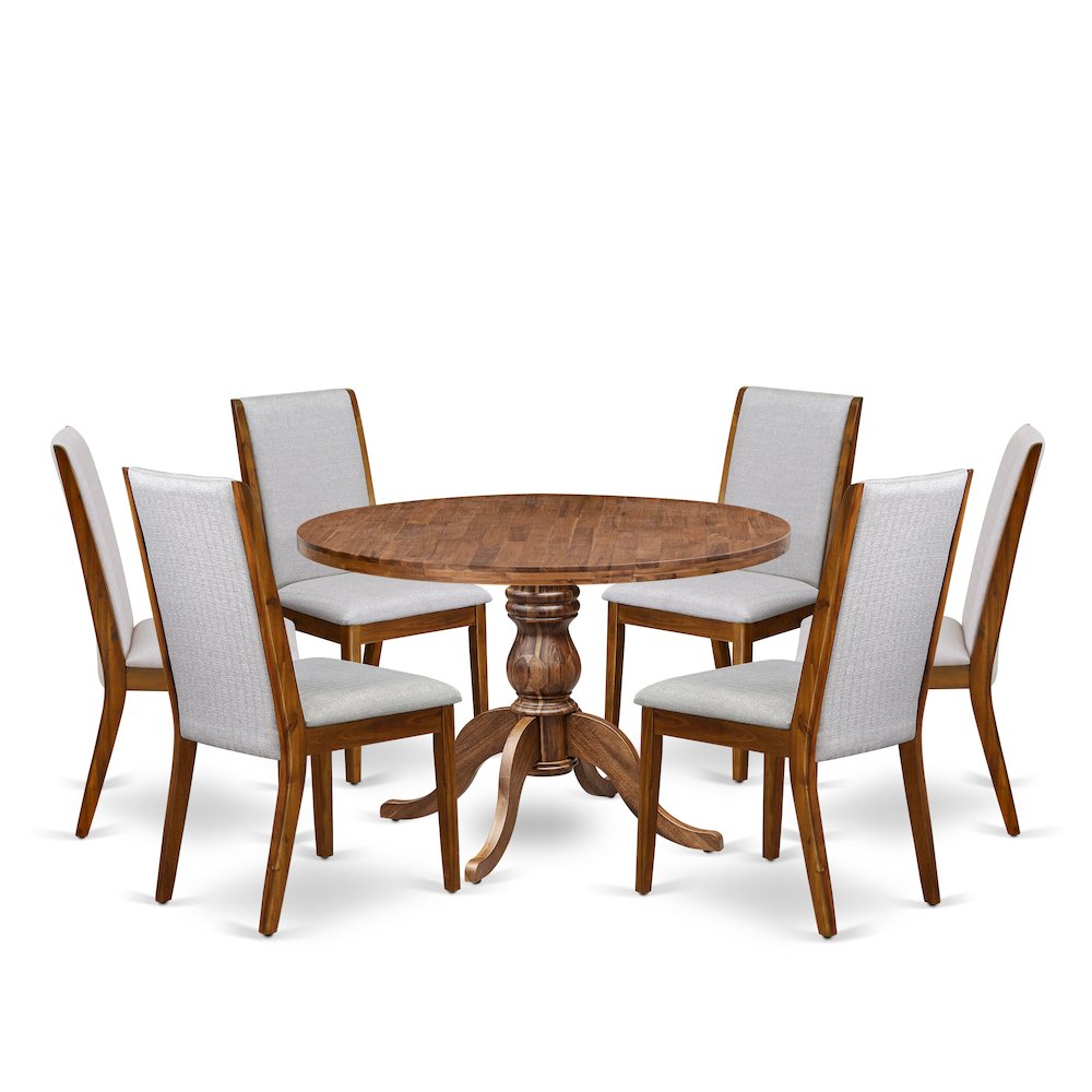 7-Pc Kitchen Set Of A Pedestal Round Table, 6 Grey Linen Fabric Chairs. Picture 1