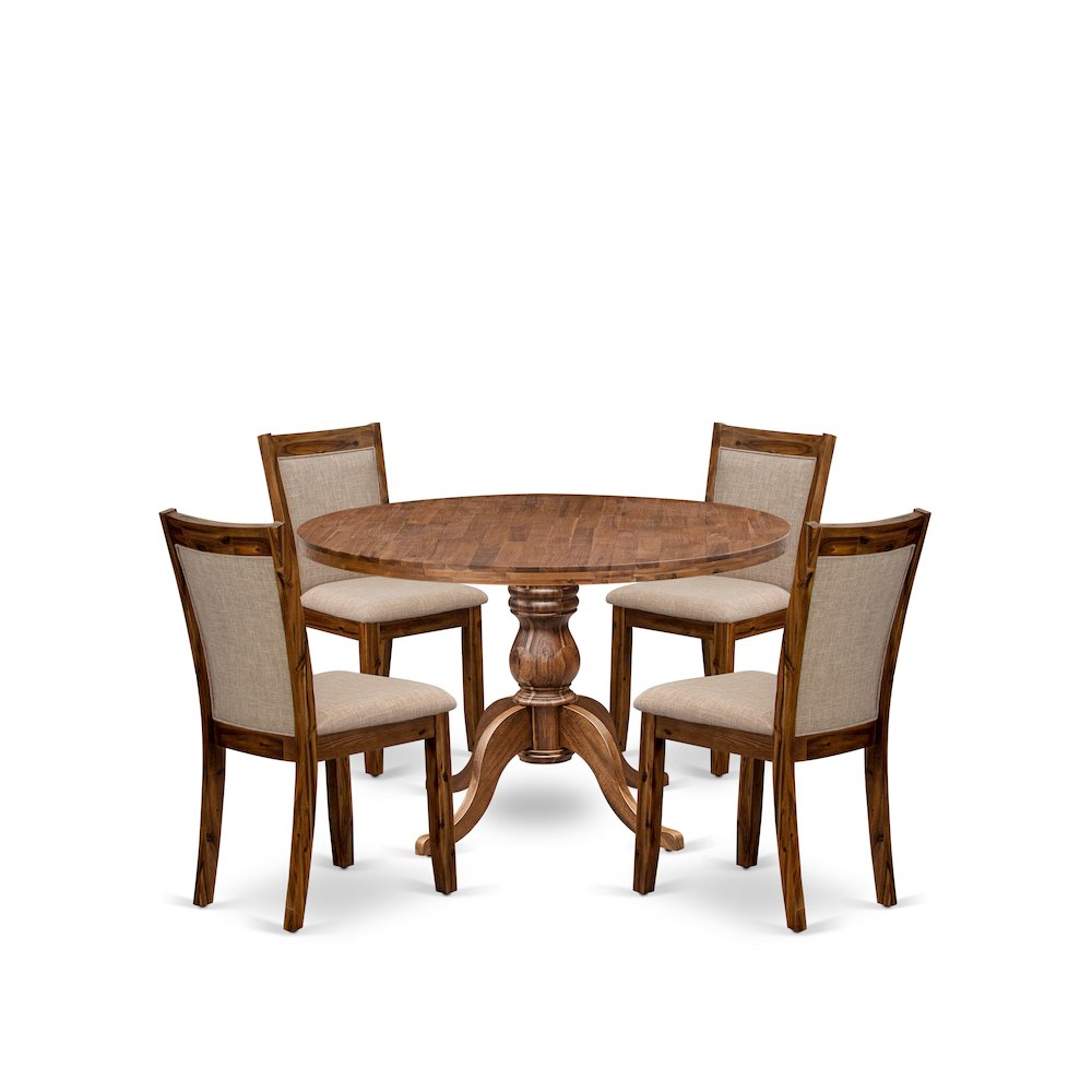 5-Pc Kitchen Table Set A Pedestal Wooden Table, 4 Light Tan Fabric Dining Chairs. Picture 1