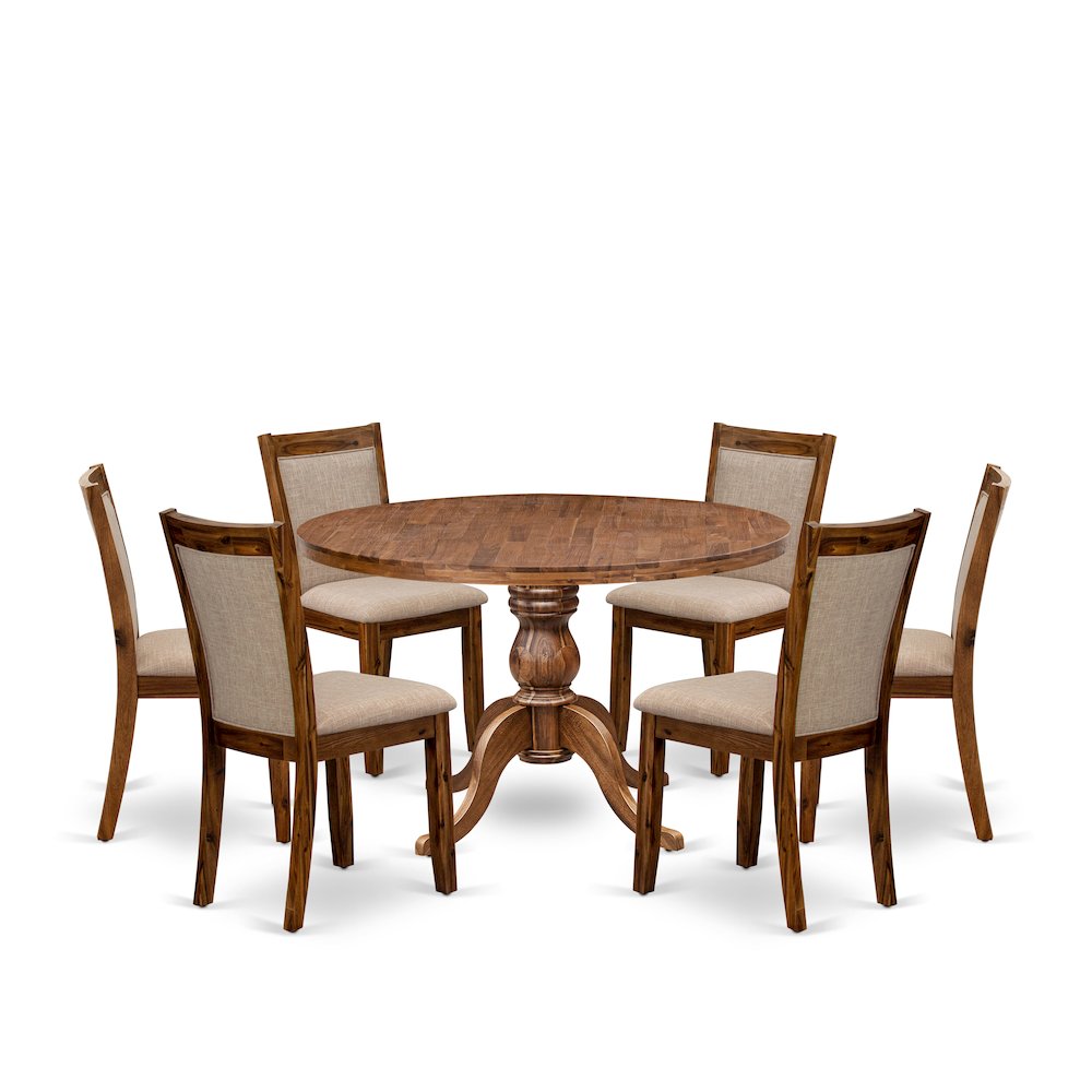7-Pc Dining Set Of A Pedestal Round Table, 6 Light Tan Fabric Dining Chairs. Picture 1