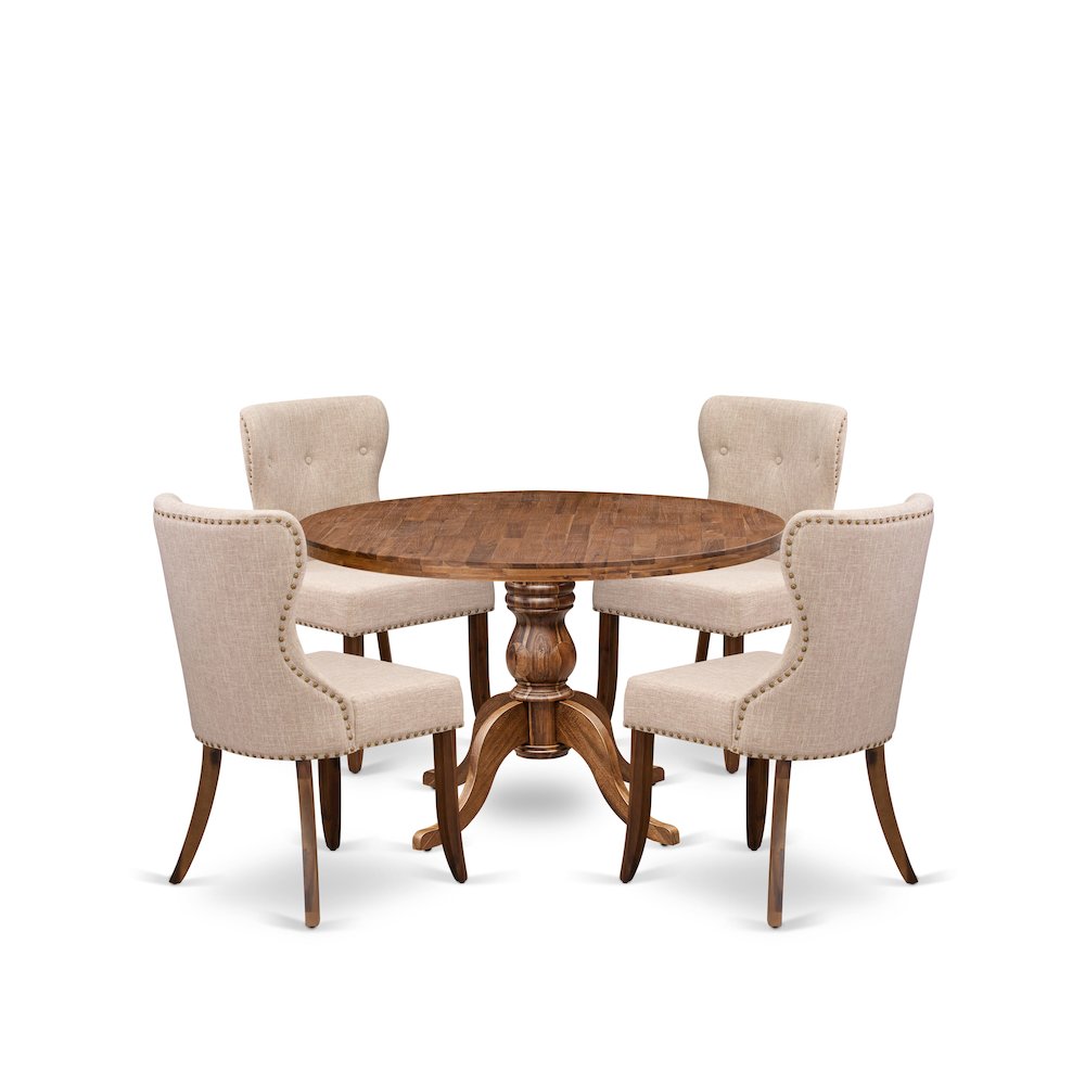 5 Piece Dining Set Consists Of 48" Round Kitchen Table In Light Tan Color. Picture 1