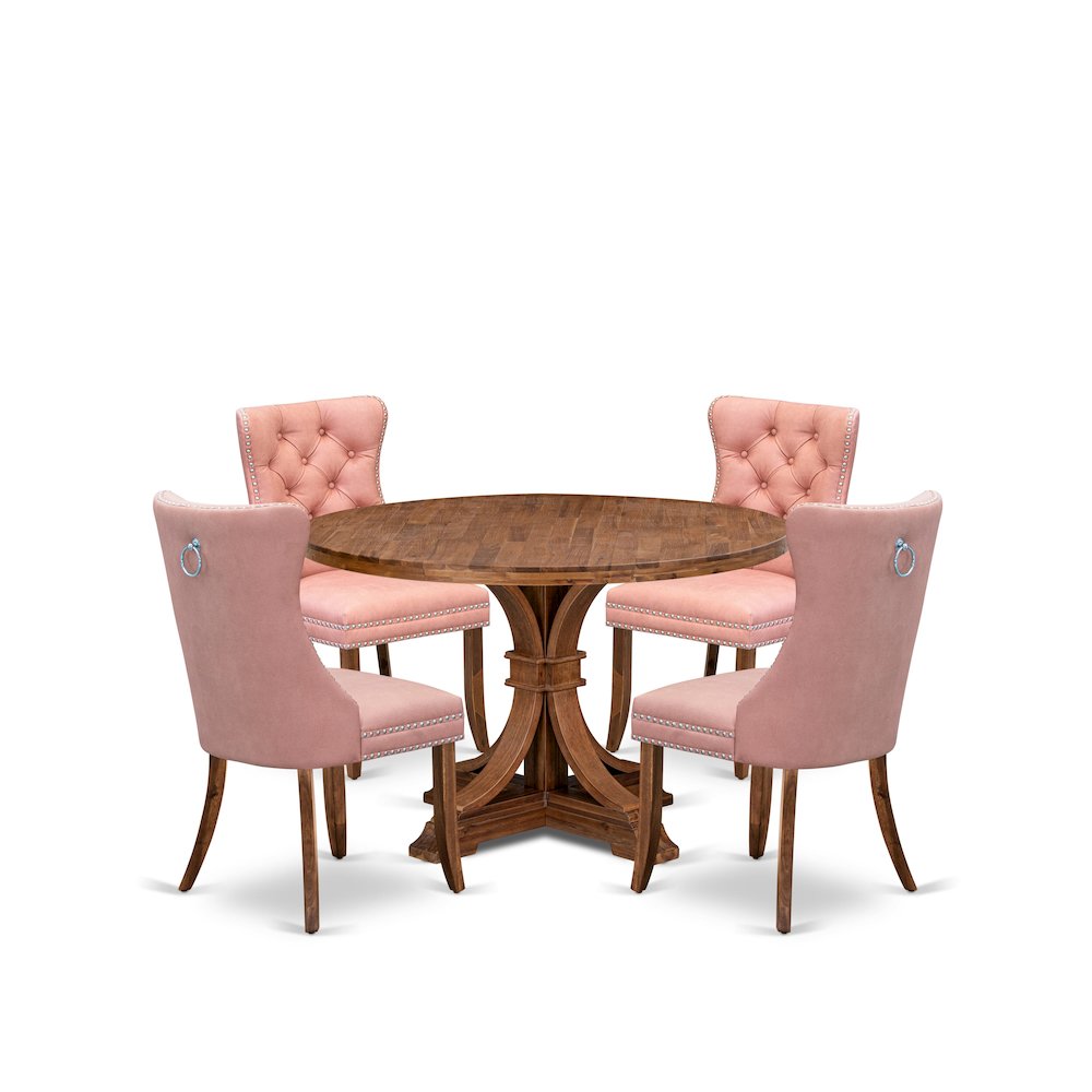 5-Pc Kitchen Dining Set Include A Wooden Table And 4 Beige Red Dining Chairs. Picture 1