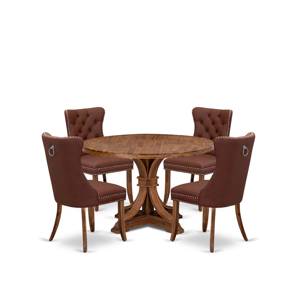 5-Pc Dining Room Table Set Include A Wooden Table And 4 Burgundy Padded Chairs. Picture 1