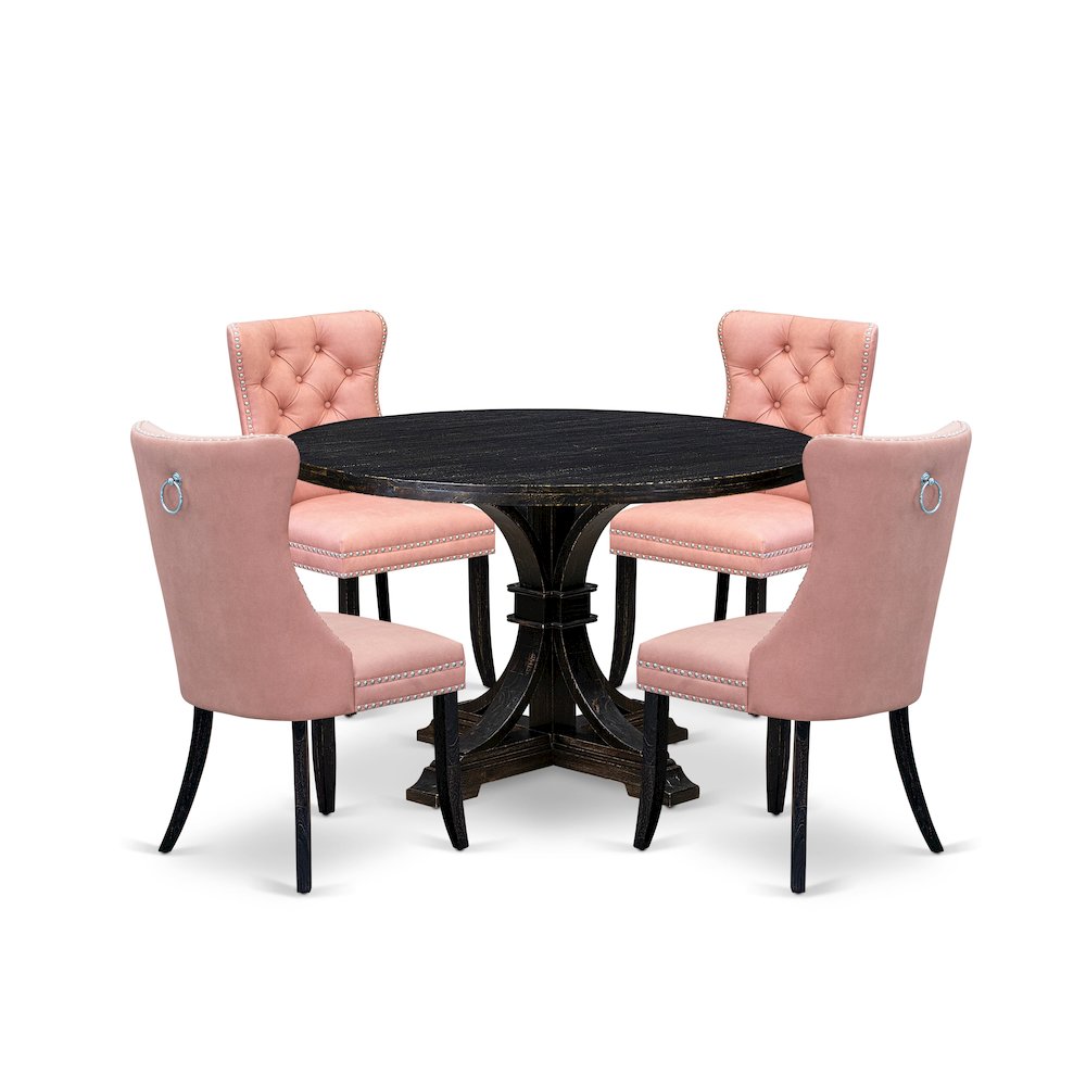 5 Piece Dining Set For 4 Contains 48" Round Table In Beige Red Color. Picture 1
