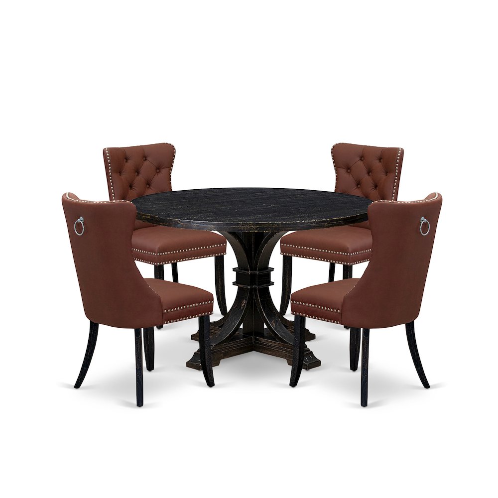 5 Piece Dining Table Set Contains 48" Round Table In Burgandy Color. Picture 1