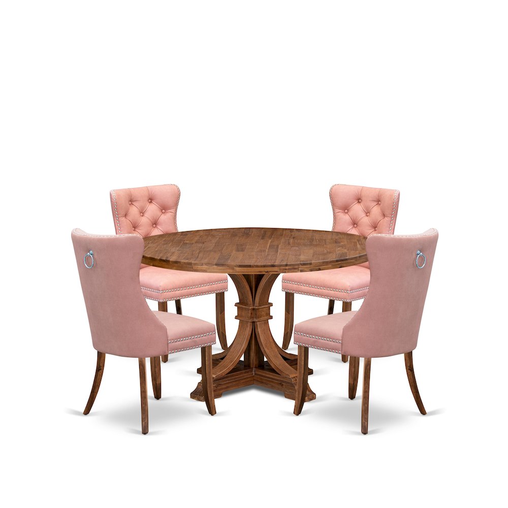 5-Pc Dining Room Table Set Consist A Kitchen Table And 4 Beige Red Parson Chairs. Picture 1