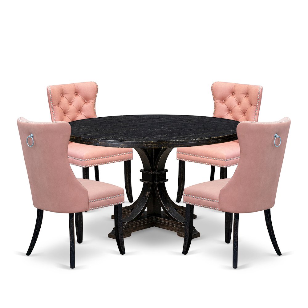 5 Piece Dining Set For 4 Consists Of 54" Round Table In Beige Red Color. Picture 1