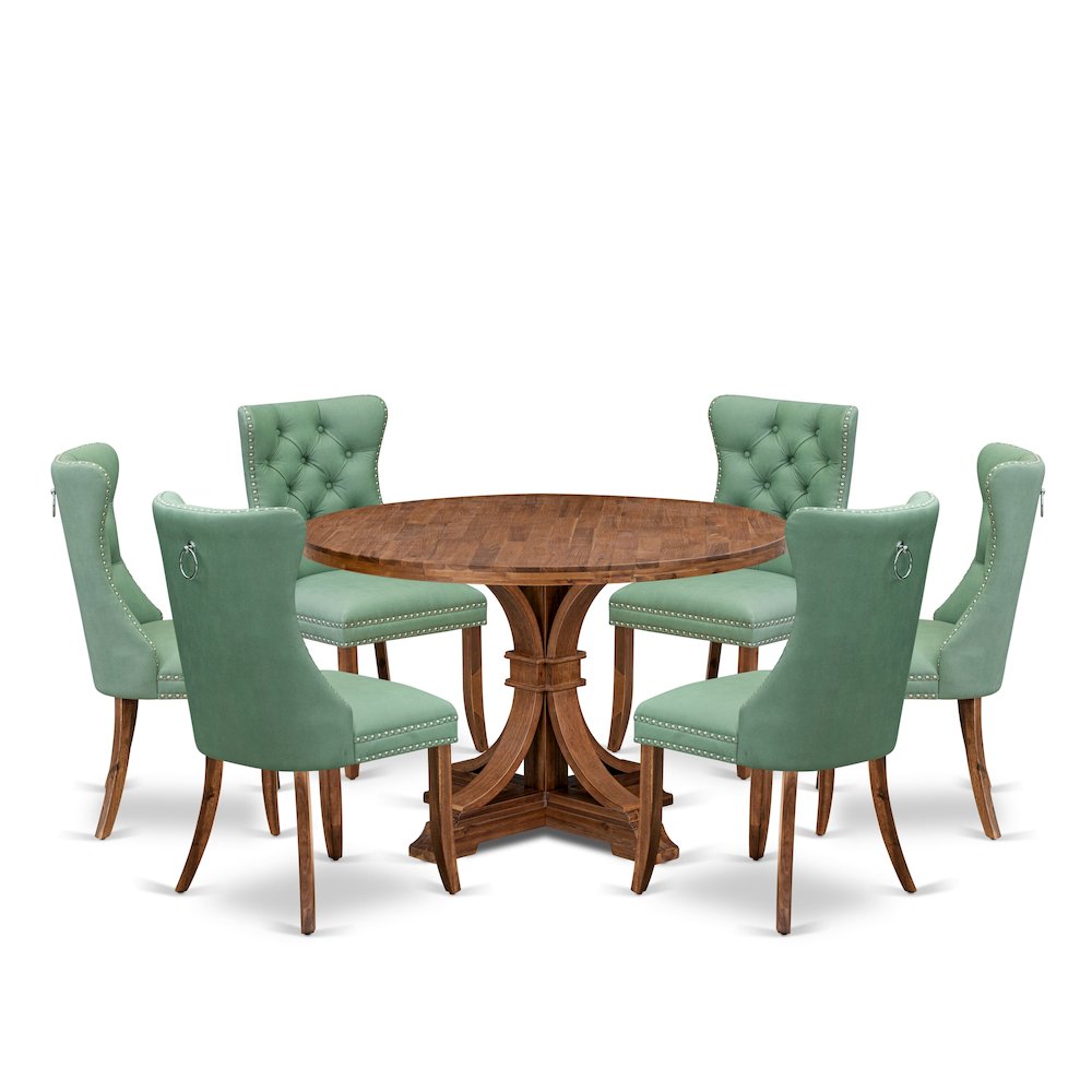 7-Pc Mid Century Set Consist A Dining Table, 6 Willow Green Upholstered Chairs. Picture 1