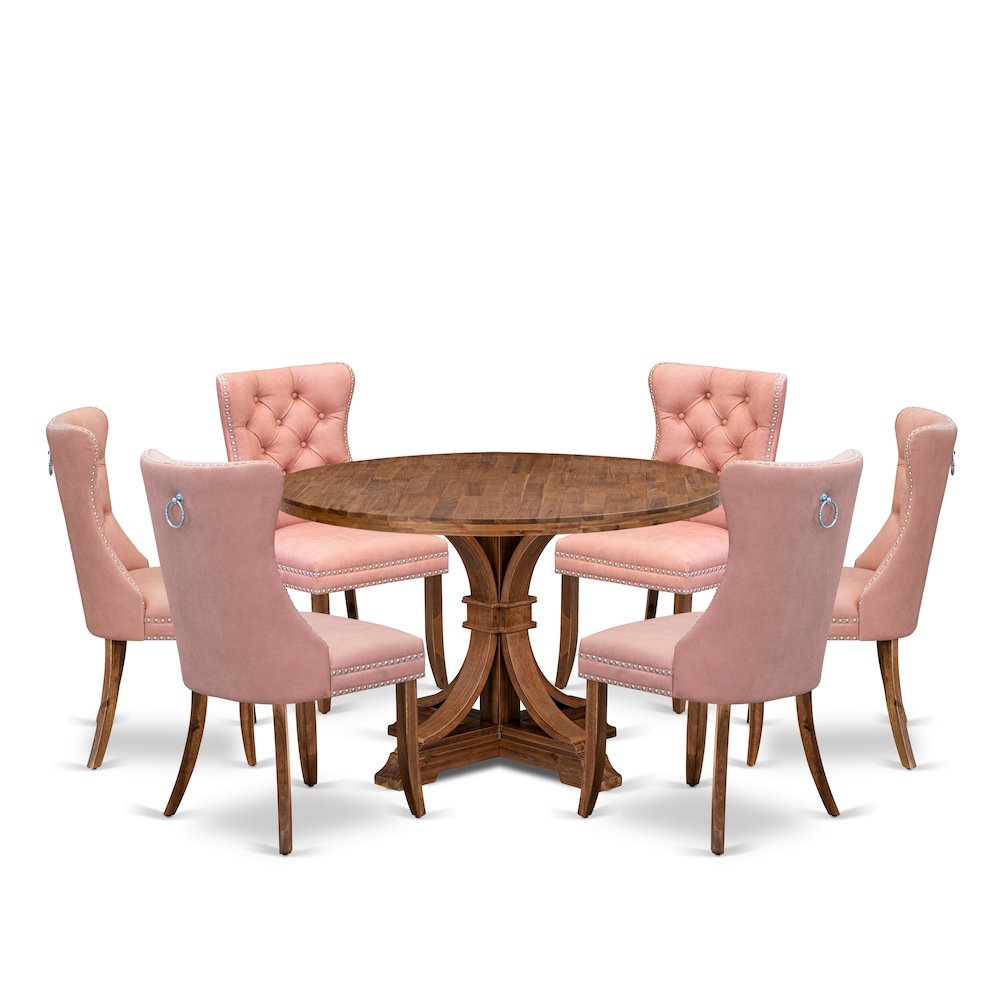 7-Pc Dining Table Set Consist A Dining Table And 6 Beige Red Parsons Chairs. Picture 1