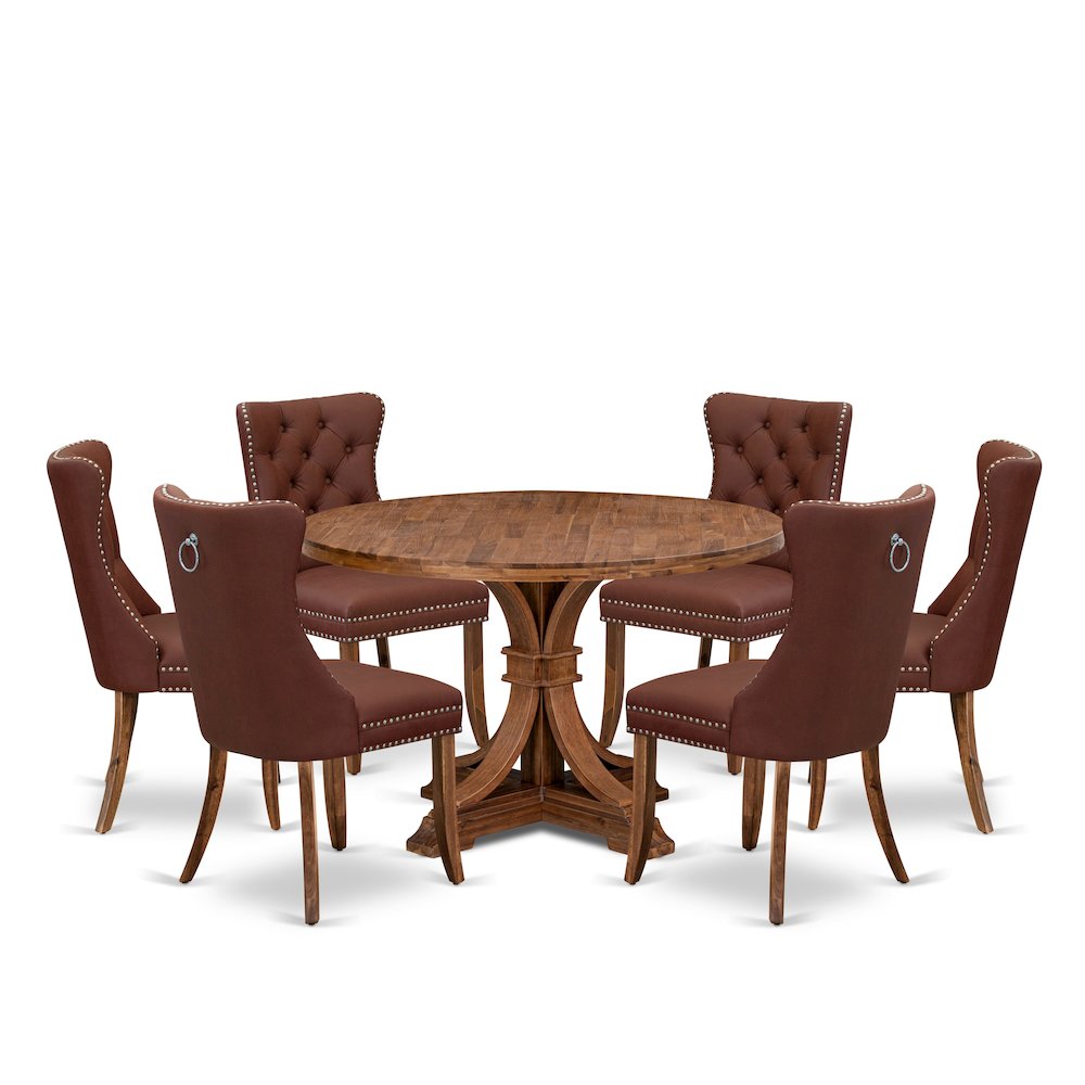 7-Pc Kitchen Table Set Consist A Mid Century Dining Table And 6 Burgundy Chairs. Picture 1
