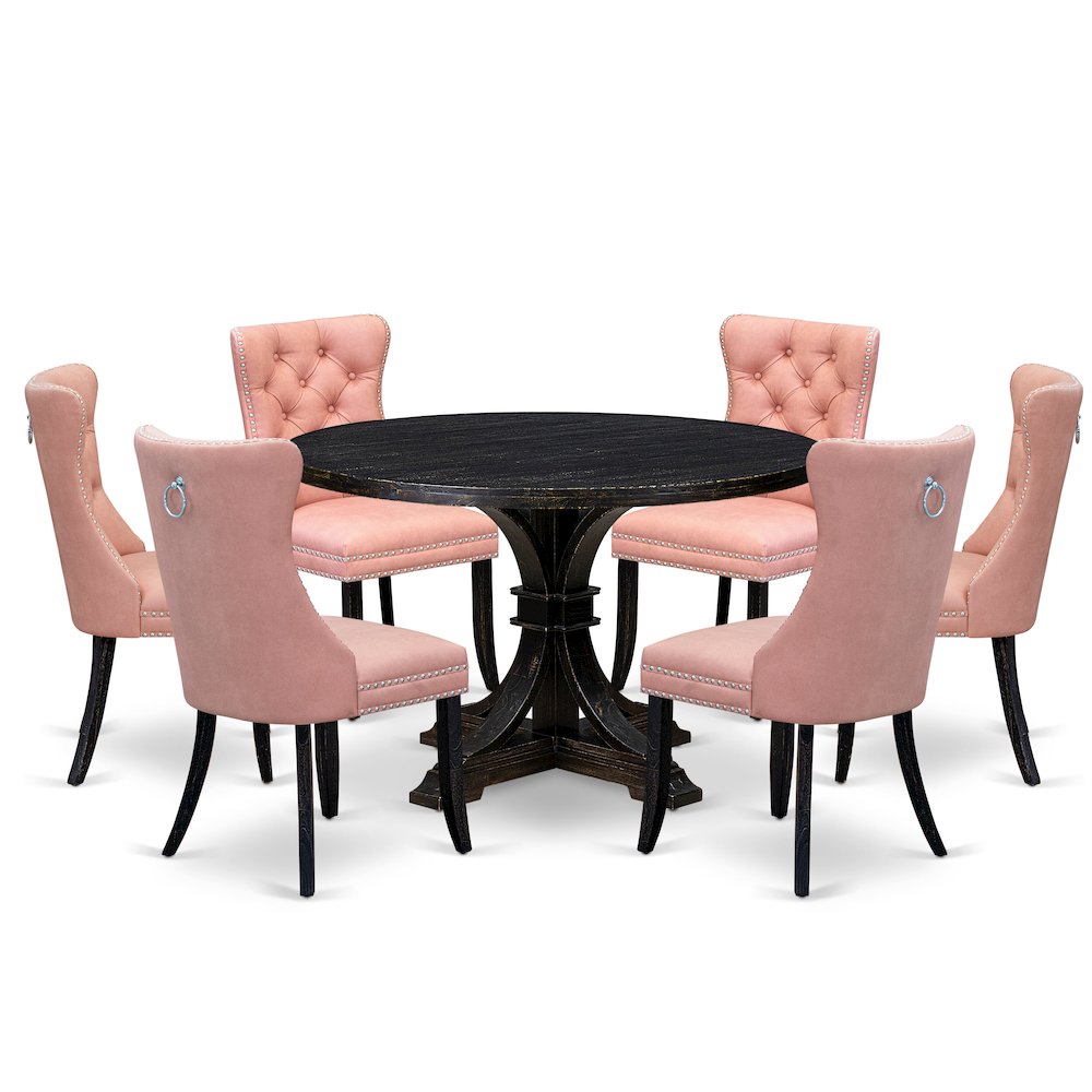 7 Piece Dining Set Includes 48" Round Kitchen Table In Beige Red Color. Picture 1