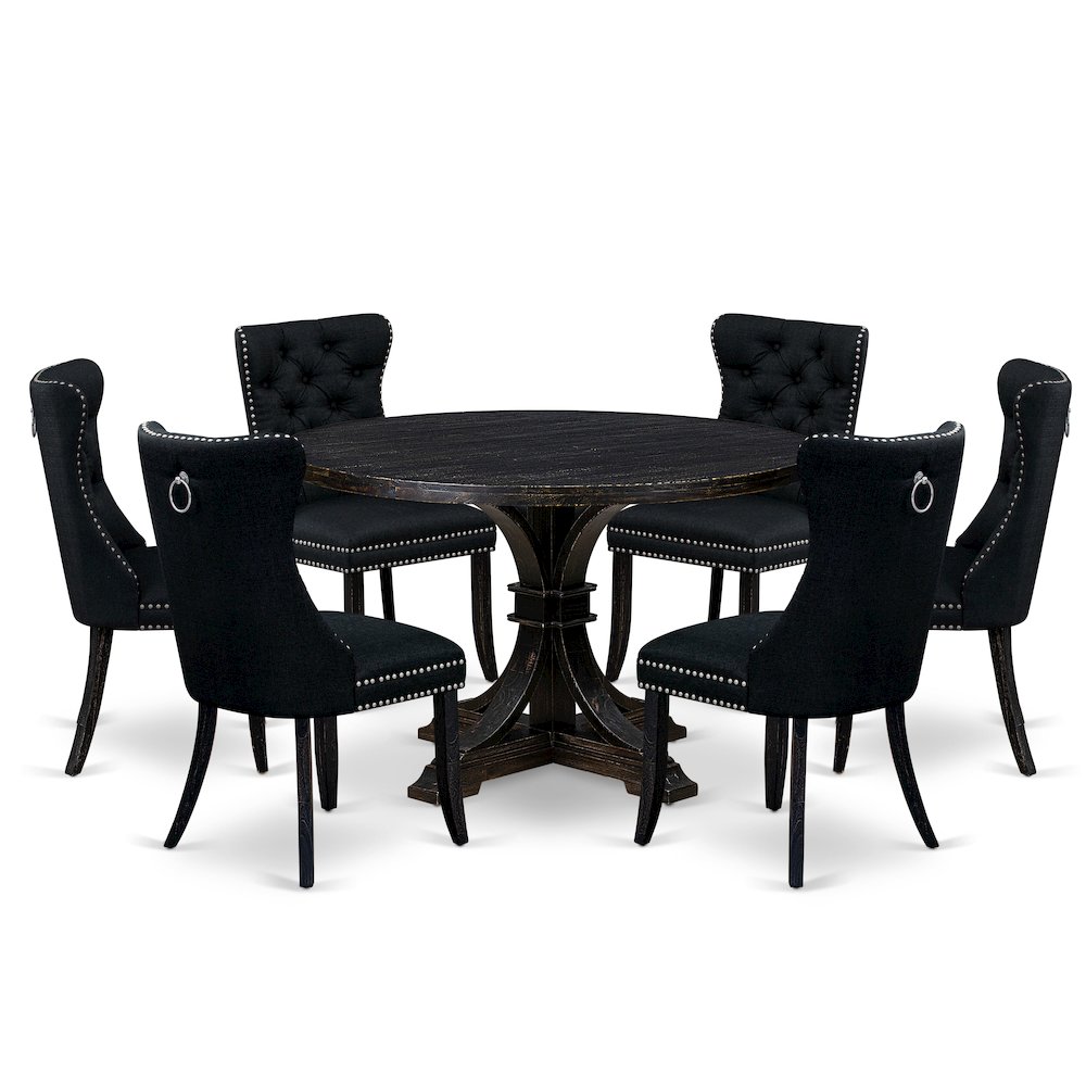 7-Piece Dining Table Set A Wood Table, 6 Black Linen Fabric Upholstered Chairs. Picture 1
