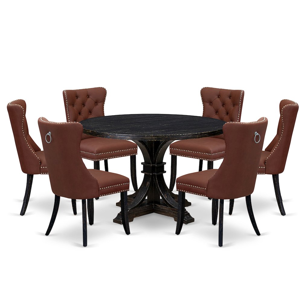 7 Piece Dining Table Set Includes 48" Round Table In Burgandy Color. Picture 1