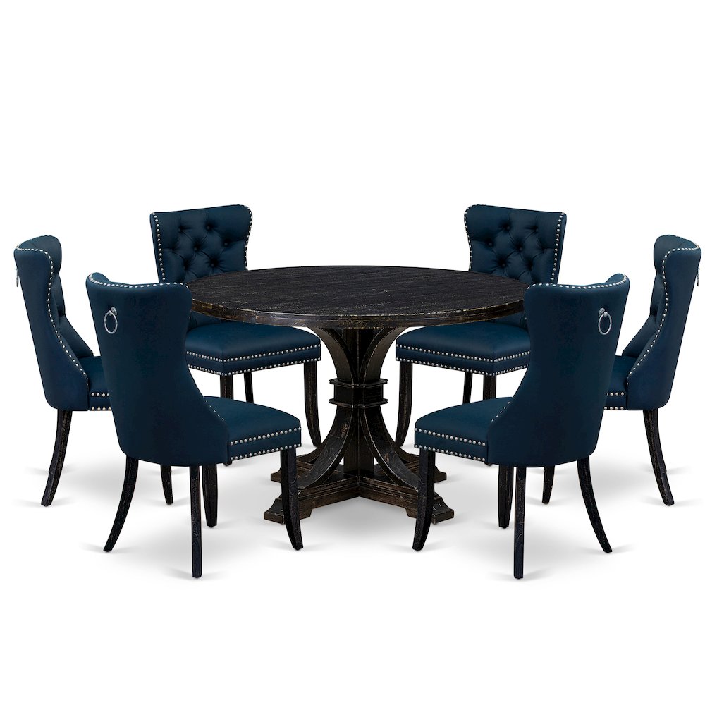 7 Piece Dining Table Set Includes 48" Round Table In Navy Blue Color. Picture 1