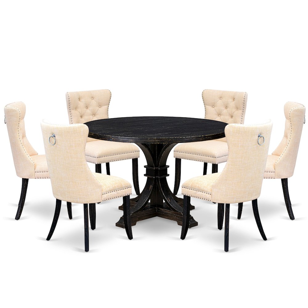 7-Pc Dining Set Of A Kitchen Table, 6 Light Beige Linen Fabric Modern Chair. Picture 1