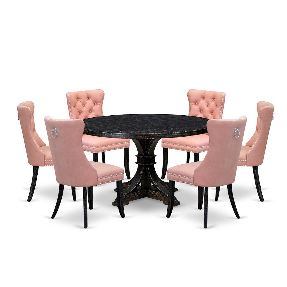 7 Piece Dining Set Contains 54" Round Kitchen Table In Beige Red Color. Picture 1