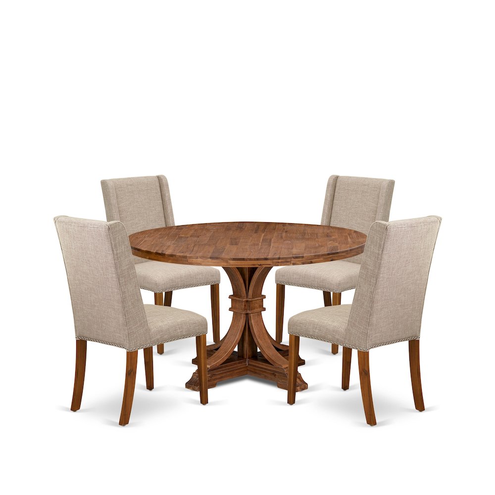 5-Piece Kitchen Table Set Of A Dinner Table, 4 Light Tan Fabric Dinner Chairs. Picture 1
