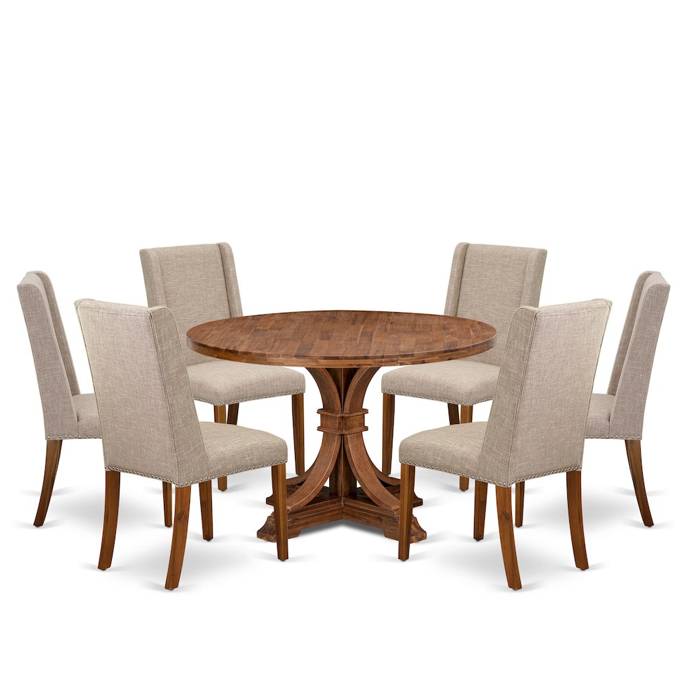 7-Piece Dining Room Set A Dinning Table, 6 Light Tan Linen Fabric Dining Chairs. Picture 1
