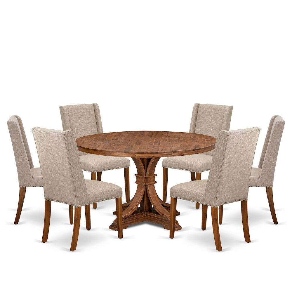 7-Piece Mid-Centrury Dining Set A Wood Table, 6 Light Tan Fabric Parsons Chair. Picture 1