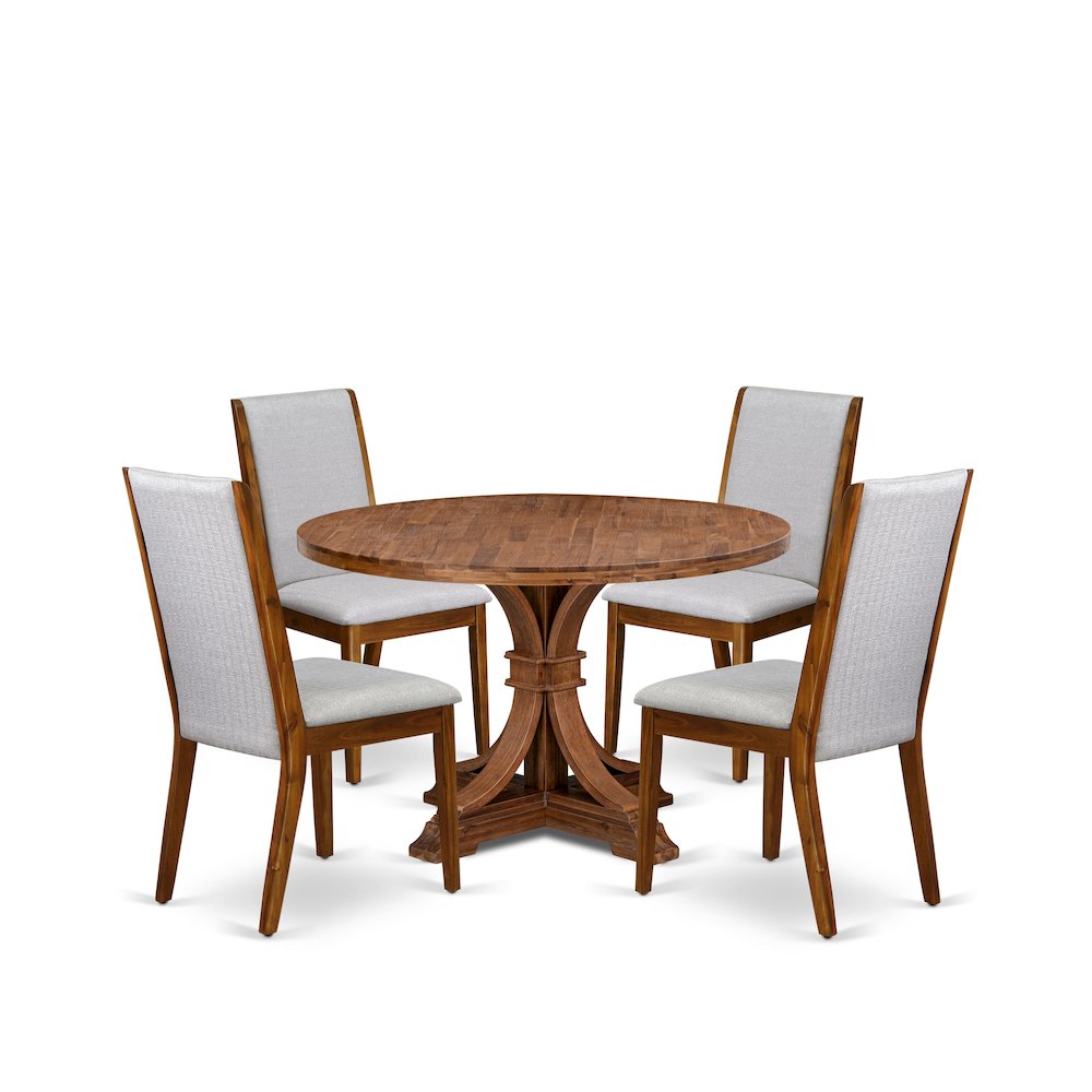 5-Pc Dining Set A Pedestal Breakfast Table, 4 Grey Linen Fabric Modern Chairs. Picture 1