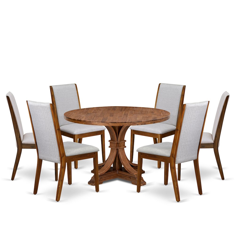 7-Pc Dining Room Set Of A Pedestal Kitchen Table, 6 Grey Fabric Dinner Chairs. Picture 1