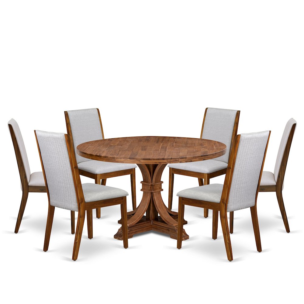 7-Pc Mid-Century Kitchen Set Of A Pedestal Table, 6 Grey Fabric Kitchen Chairs. Picture 1